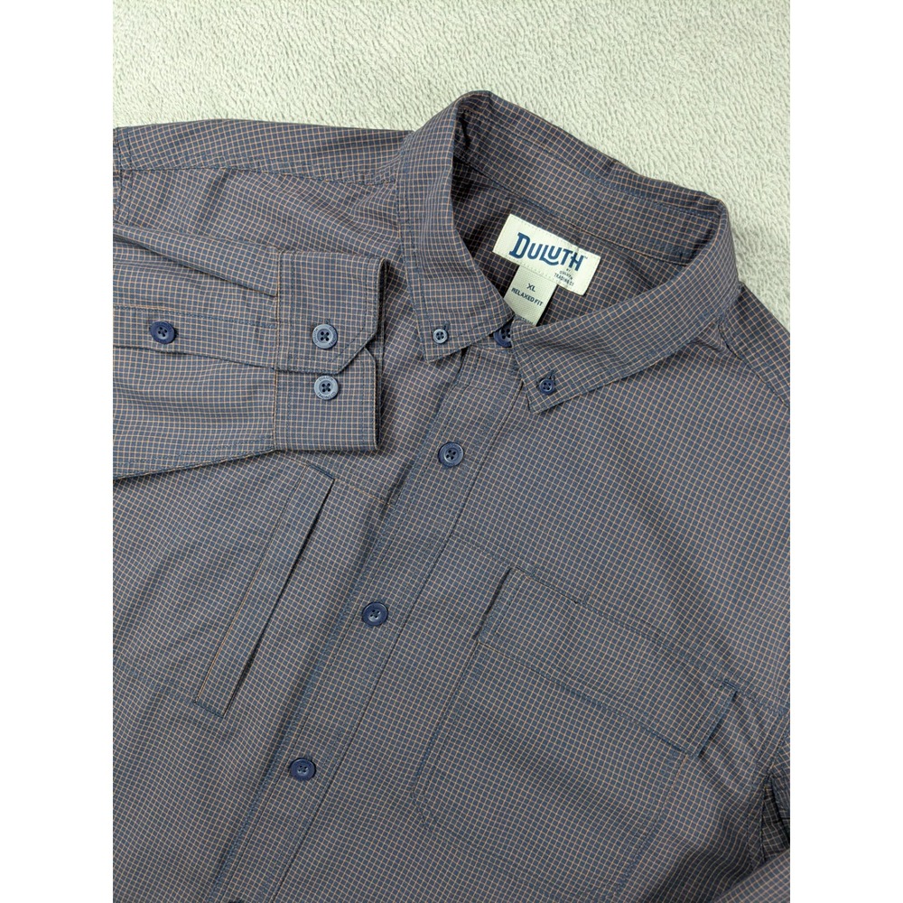 Duluth Trading Co Button-Down Shirt in Blue and Brown Micro-Check
